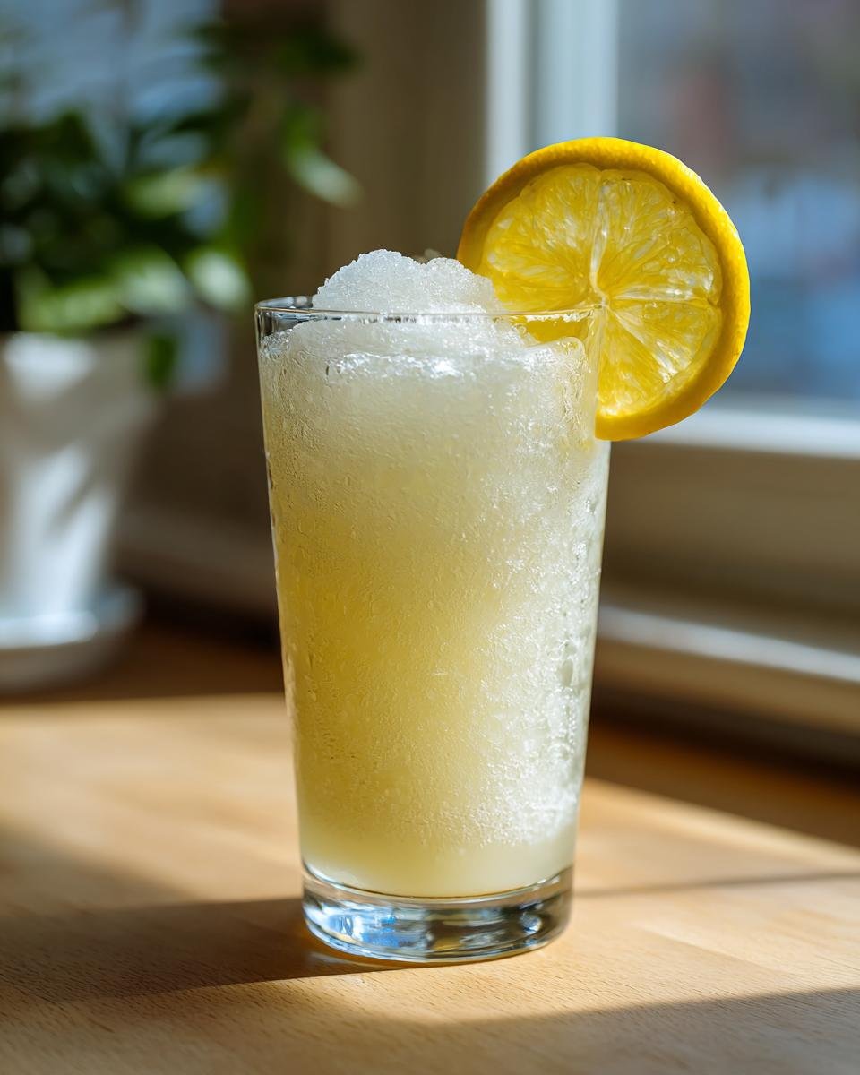 Ein Glas erfrischende gefrorene Limonade mit einer Zitronenscheibe garniert.