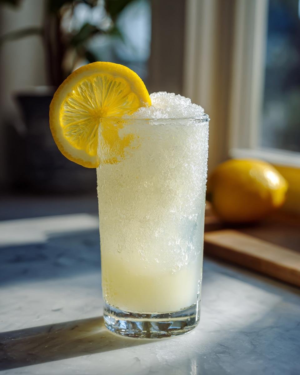 Ein Glas erfrischende gefrorene Limonade, garniert mit einer Zitronenscheibe, bereit zum Genuss.