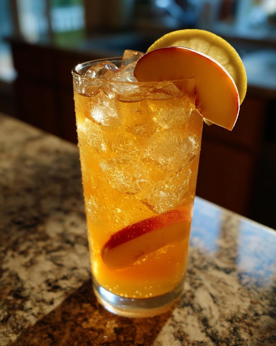 Ein Glas erfrischende Pfirsich-Limonade mit Eis, Pfirsichst&uuml;cken und einer Zitronenscheibe.