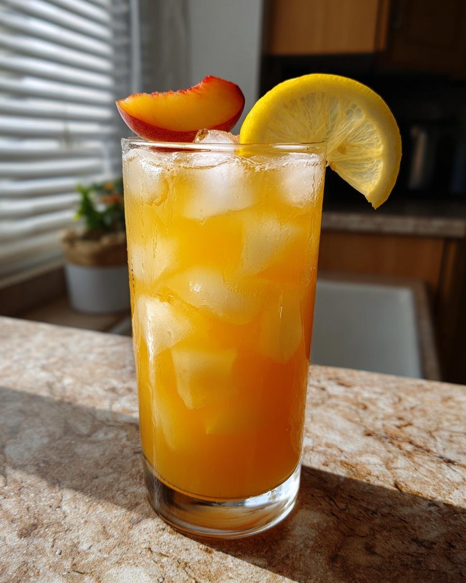 Ein Glas erfrischende Pfirsich-Limonade mit Eisw&uuml;rfeln, garniert mit einer Zitronenscheibe und einem Pfirsichst&uuml;ck.