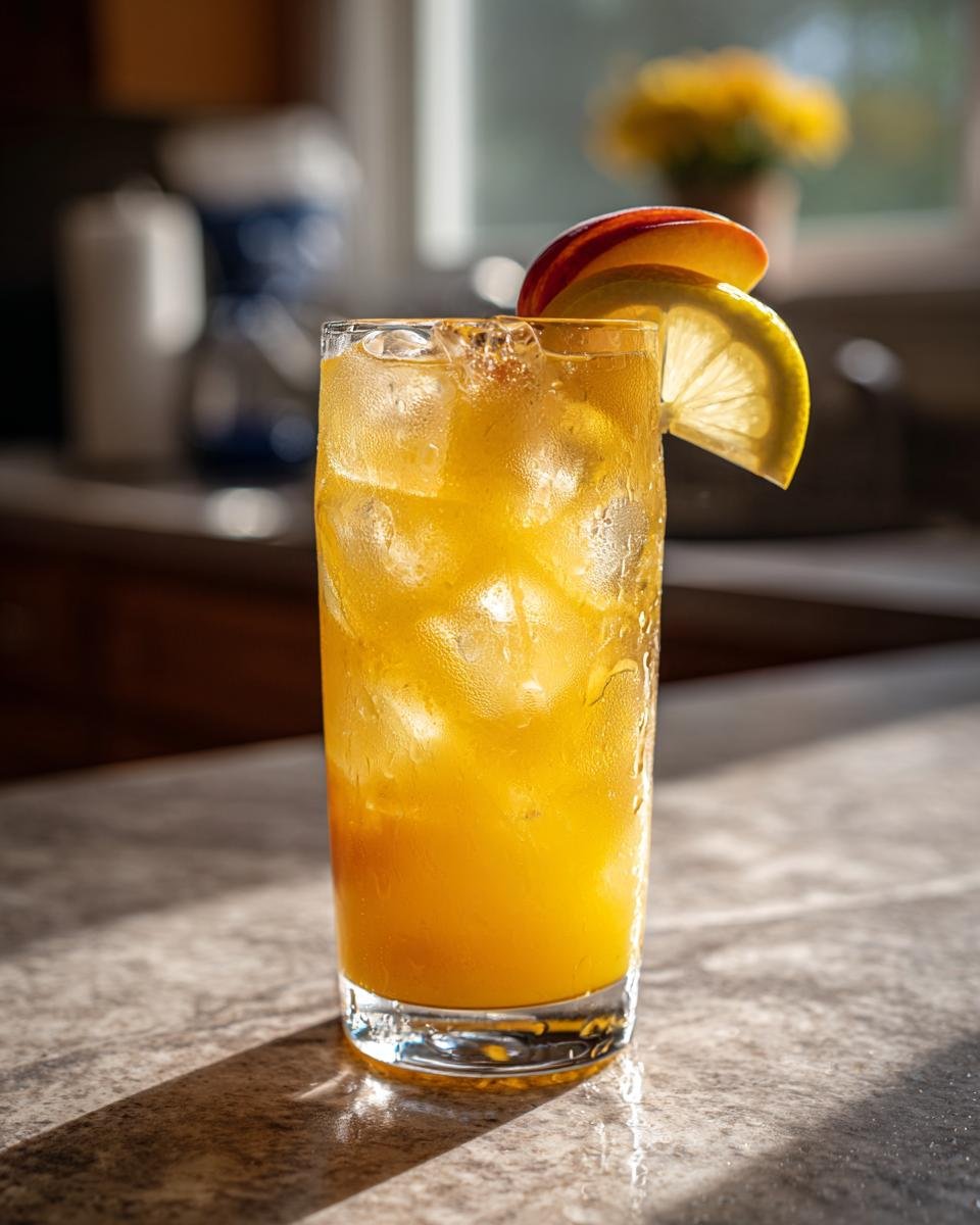 Ein Glas erfrischende Pfirsich-Limonade mit Eisw&uuml;rfeln, garniert mit Pfirsich- und Zitronenscheiben.