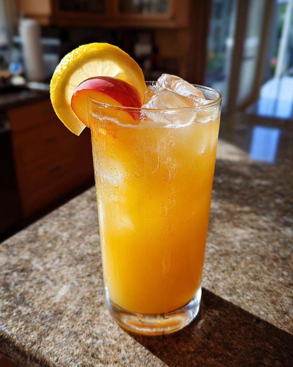 Ein Glas erfrischende Pfirsich-Limonade mit Eisw&uuml;rfeln, garniert mit einer Zitronenscheibe und Pfirsichspalten.