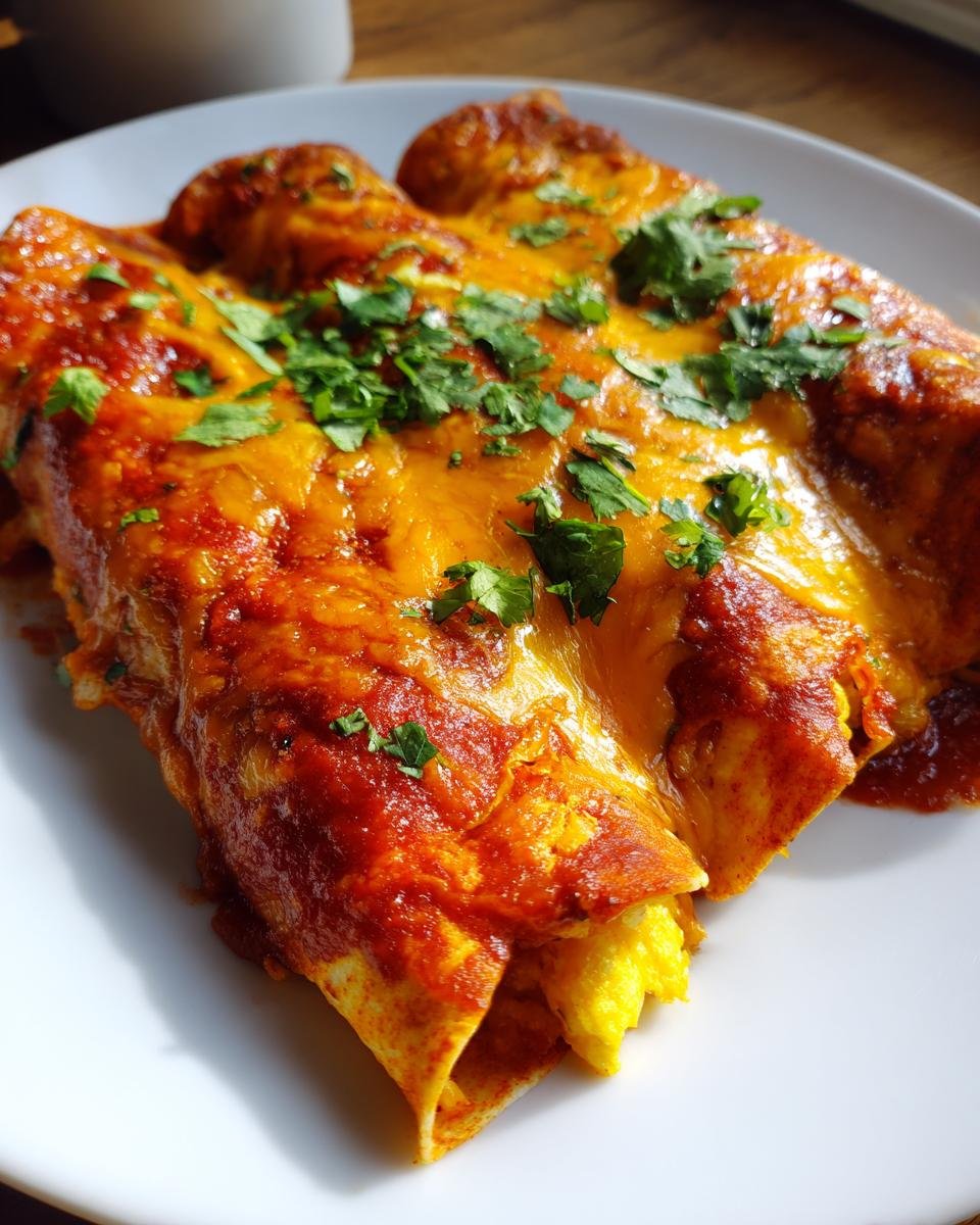 Nahaufnahme von zwei &uuml;berbackenen Breakfast Enchiladas mit geschmolzenem K&auml;se und frischer Petersilie.