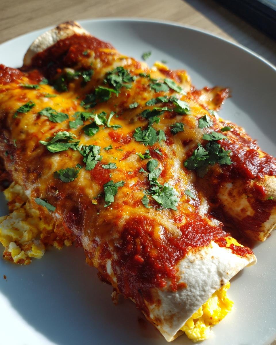 Zwei &uuml;berbackene Breakfast Enchiladas mit roter Sauce, geschmolzenem K&auml;se und frischem Koriander auf einem wei&szlig;en Teller.