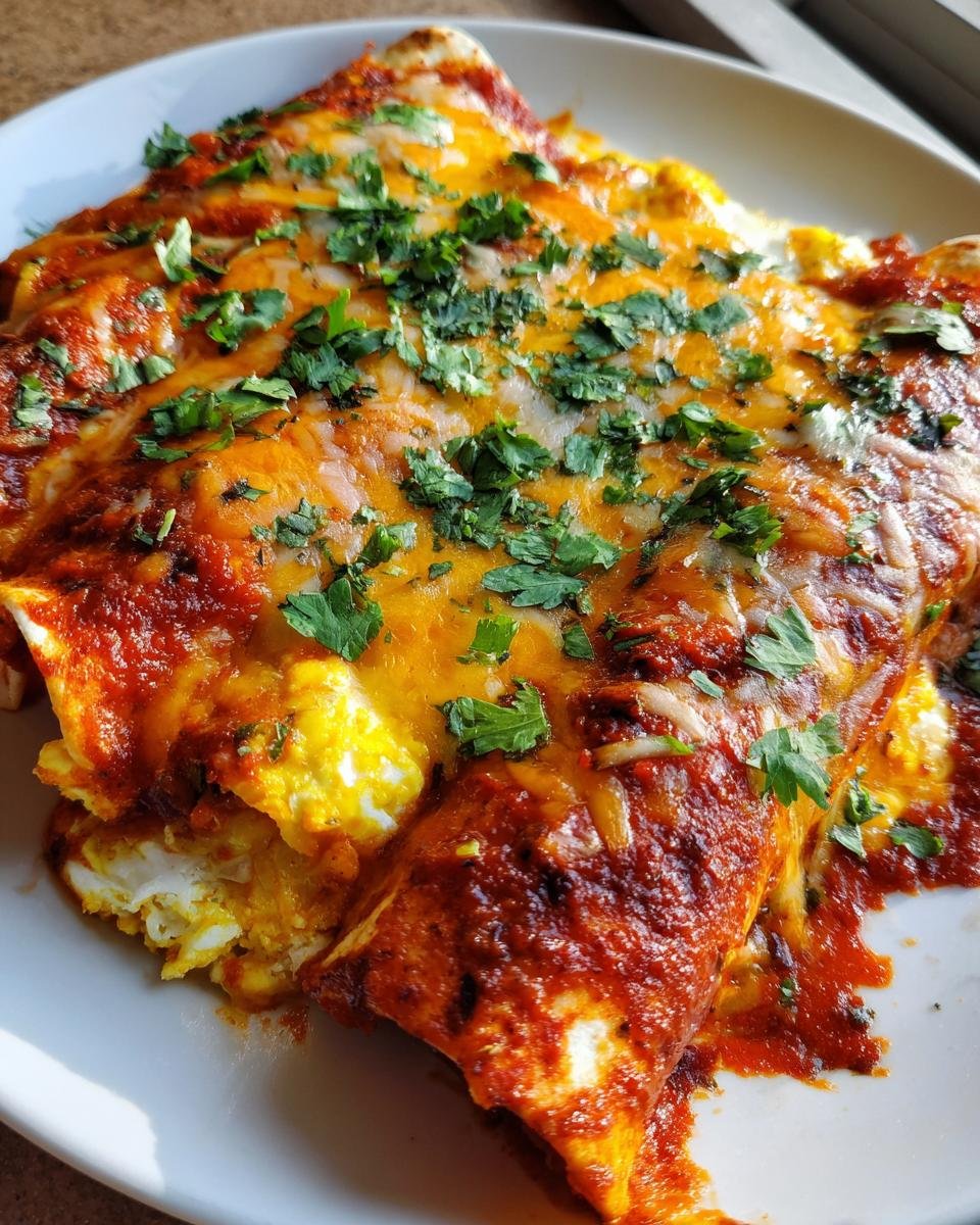 Nahaufnahme von saftigen Breakfast Enchiladas, bedeckt mit geschmolzenem K&auml;se, roter Sauce und frischer Petersilie.