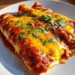 Nahaufnahme von zwei &uuml;berbackenen Breakfast Enchiladas mit geschmolzenem Cheddar und frischer Petersilie.
