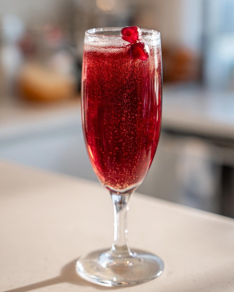 Nahaufnahme eines fertigen Pomegranate Mimosa mit tiefroter Farbe und Kohlens&auml;ure in einem Sektglas, garniert mit Granatapfelkernen.