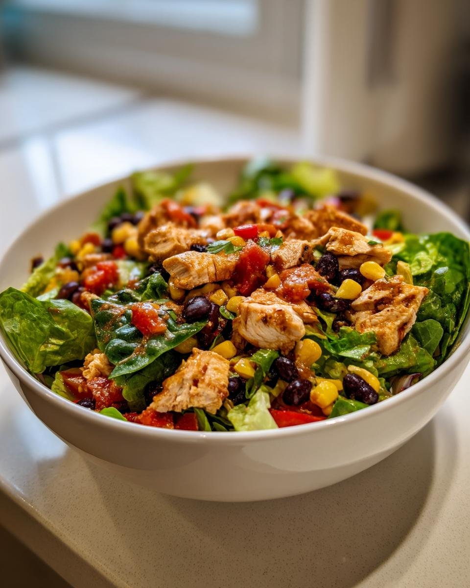 Nahaufnahme eines Southwest Chicken Salad mit marinierten H&auml;hnchenst&uuml;cken, schwarzen Bohnen und Mais in einer wei&szlig;en Sch&uuml;ssel.