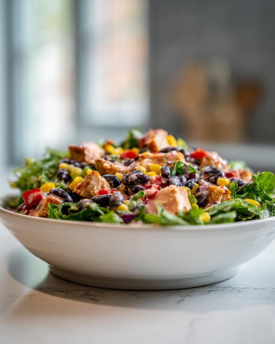 Nahaufnahme eines Southwest Chicken Salad mit H&auml;hnchenst&uuml;cken, schwarzen Bohnen und Mais in einer wei&szlig;en Sch&uuml;ssel.