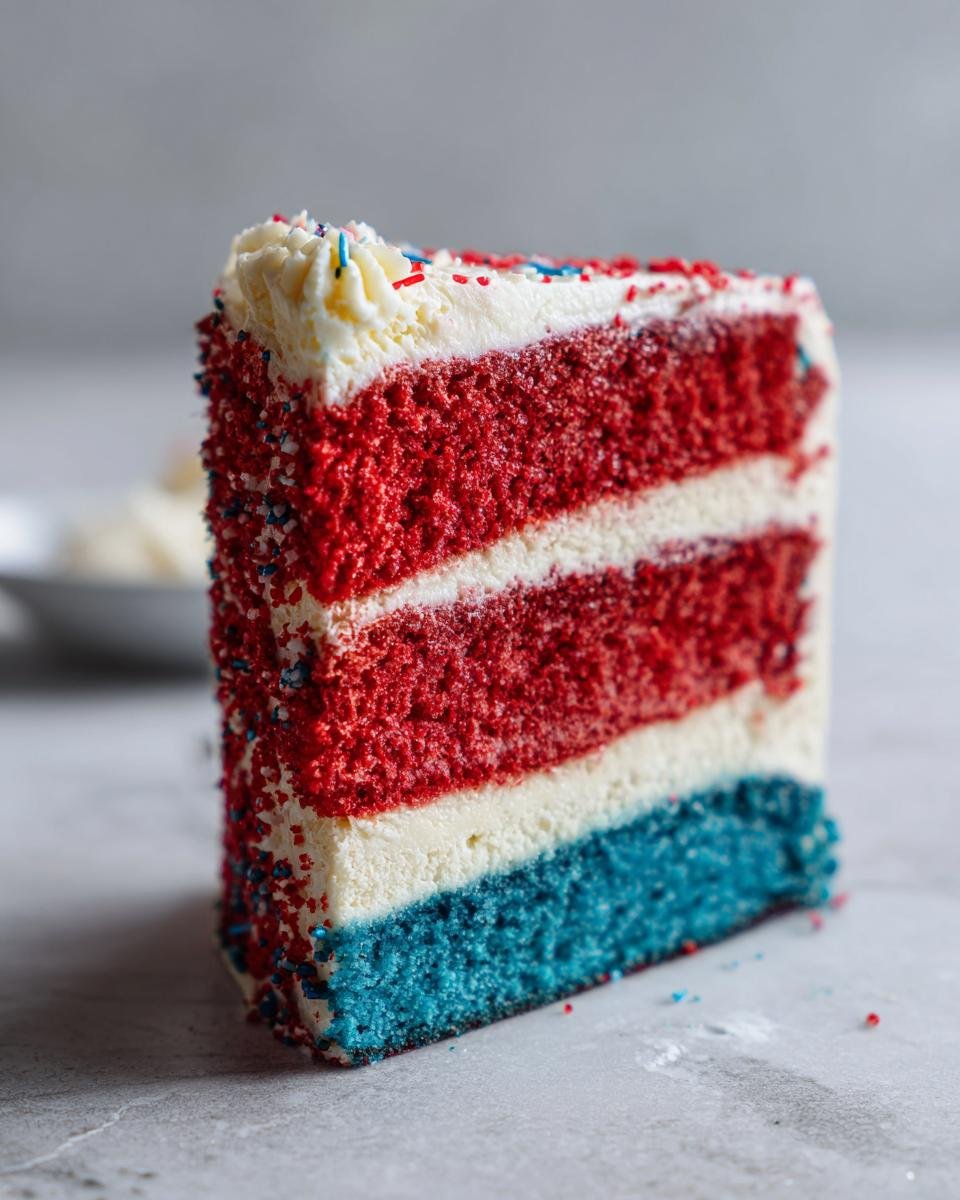 Ein St&uuml;ck Feuerwerk Kuchen mit roten, wei&szlig;en und blauen Schichten und Streuseln.