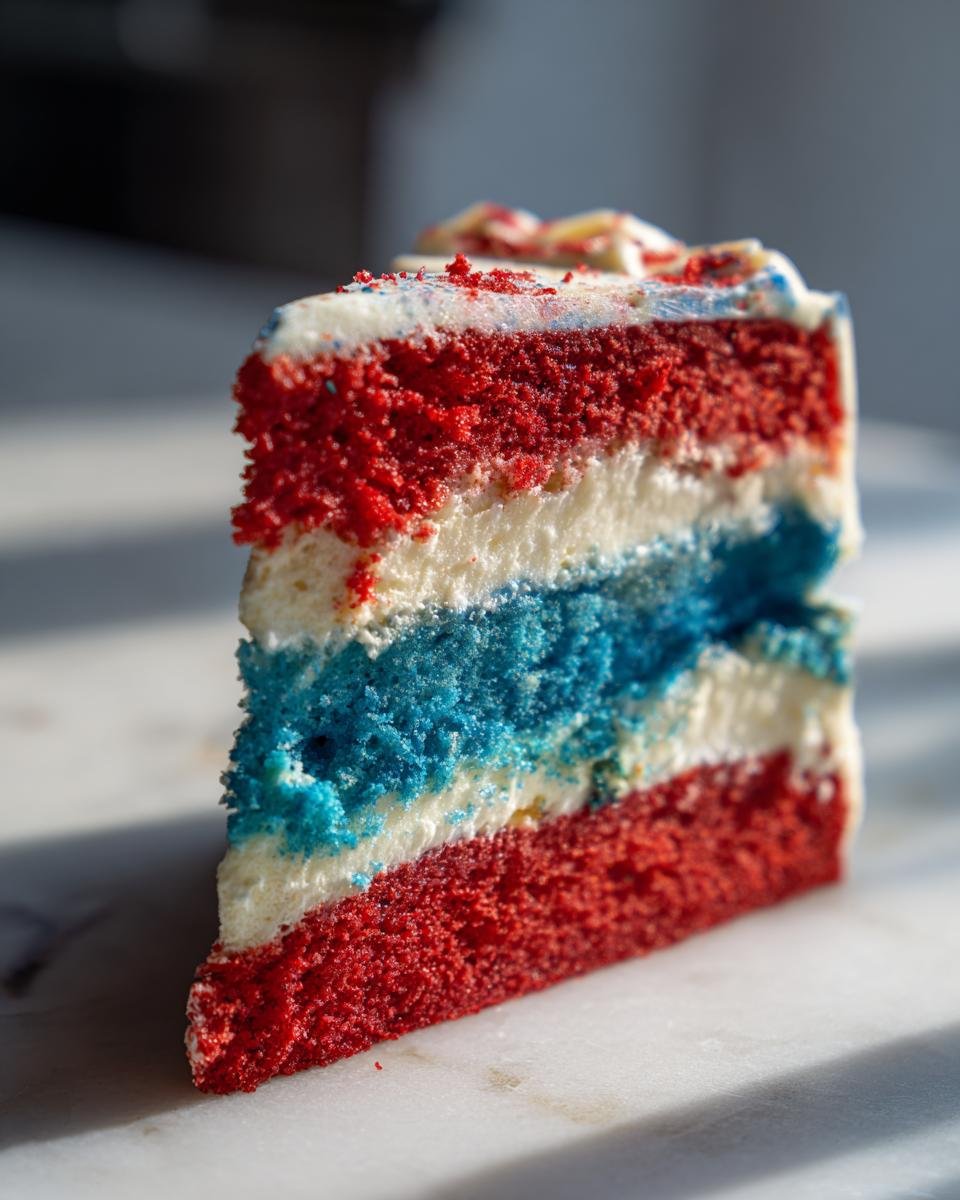 Nahaufnahme eines Kuchenschnitts mit roten, wei&szlig;en und blauen Schichten, Teil des Feuerwerk Kuchen Rezepts.