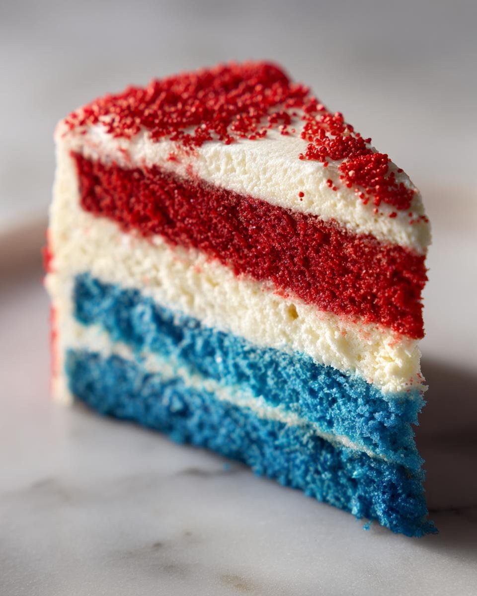 Ein St&uuml;ck Feuerwerk Kuchen mit roten, wei&szlig;en und blauen Schichten, bestreut mit roten Zuckerstreuseln.