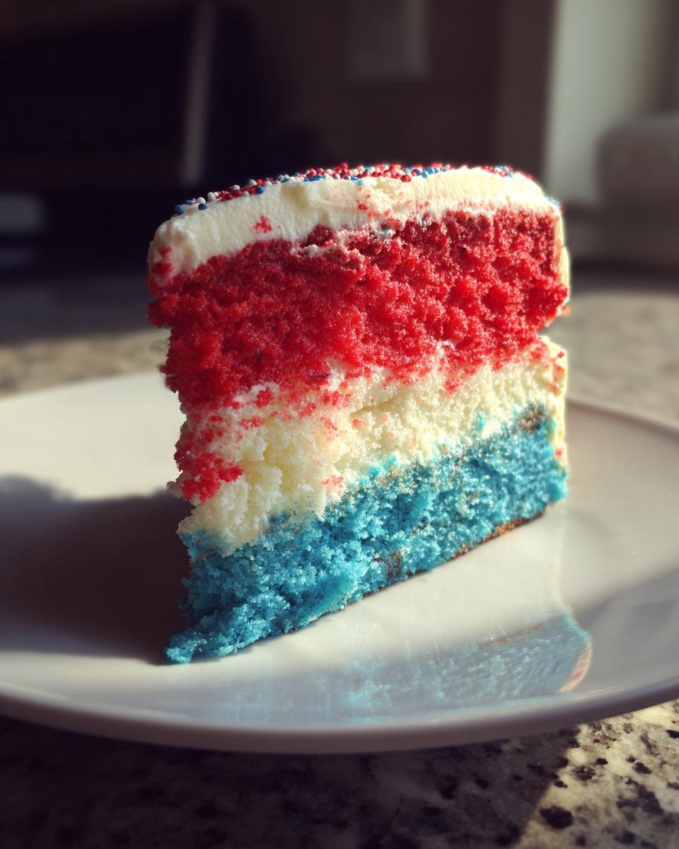 Ein St&uuml;ck Firecracker Red White Blue Cake mit roten, wei&szlig;en und blauen Schichten und Streuseln.