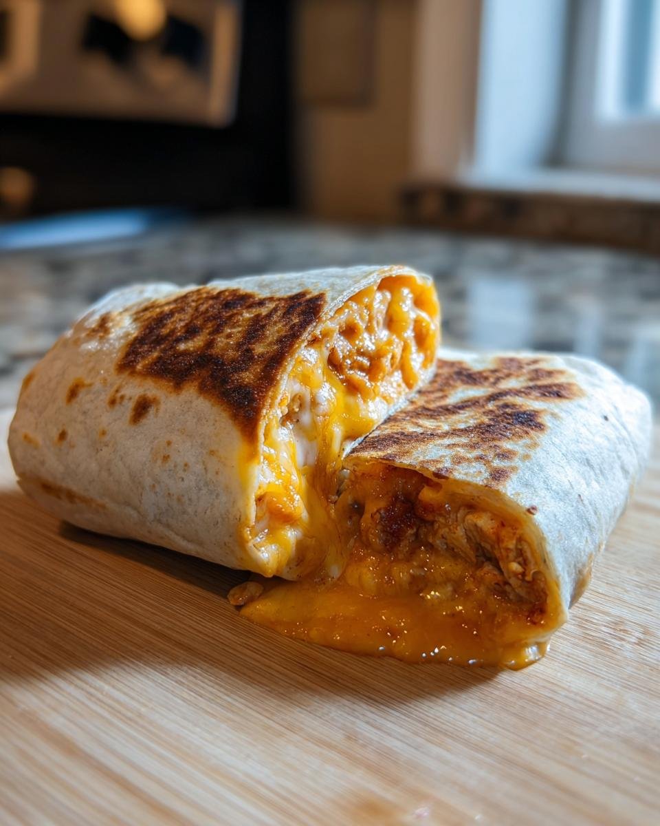 Aufgeschnittener, gegrillter Burrito mit geschmolzenem K&auml;se, gef&uuml;llt mit w&uuml;rzigem Chipotle Ranch.