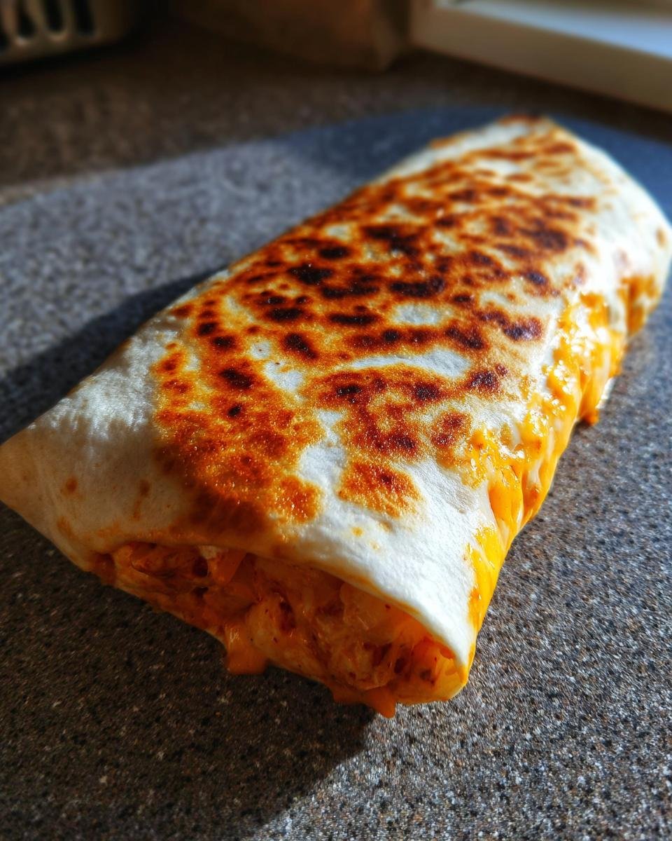 Ein gegrillter Burrito mit geschmolzenem K&auml;se und knusprigen Stellen, der den 