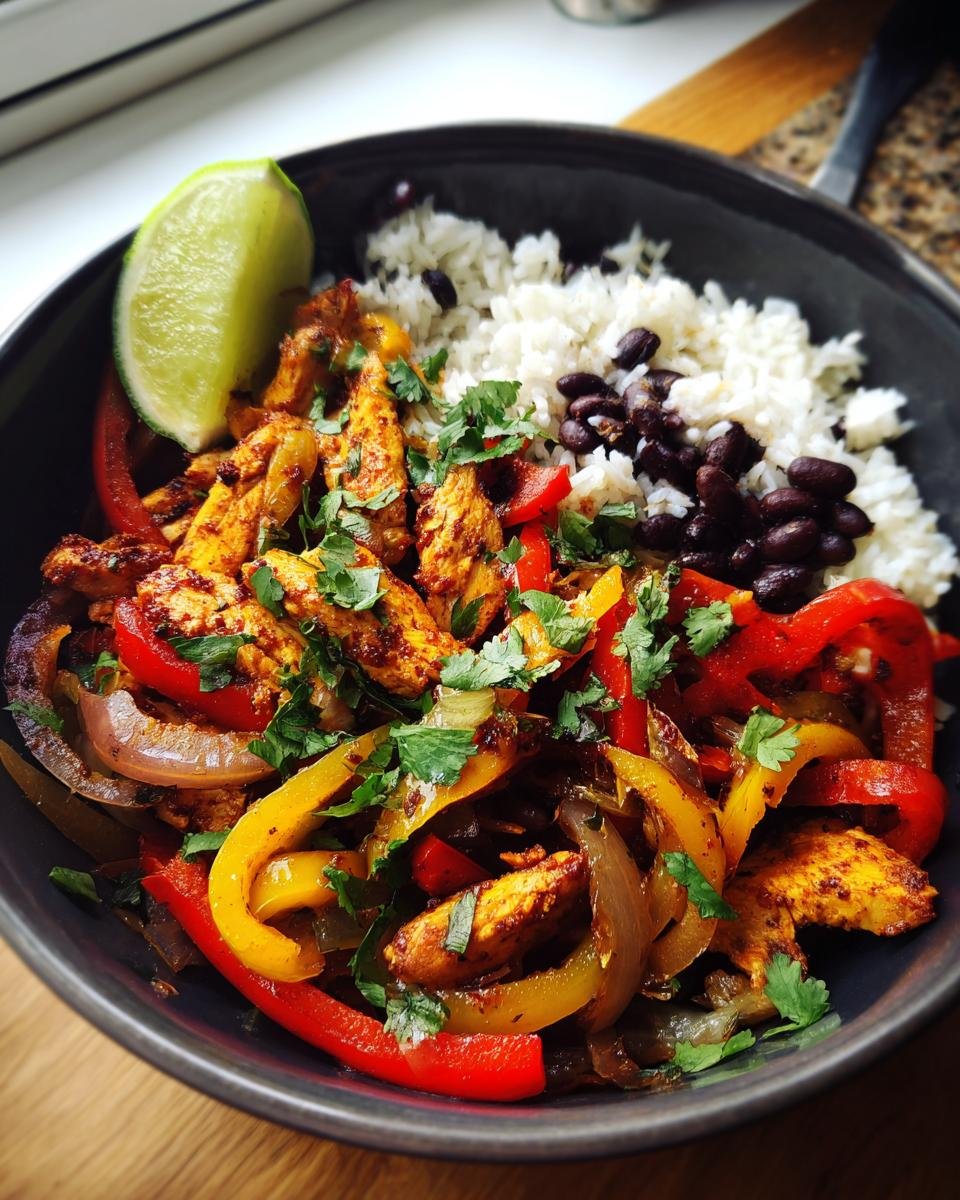 Eine Sch&uuml;ssel mit Flavorful Chicken Fajita Rice Bowl, garniert mit Limettenspalte und Koriander.