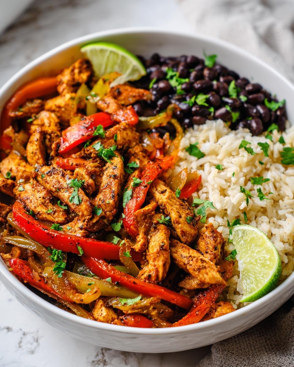 Eine Sch&uuml;ssel mit einer Flavorful Chicken Fajita Rice Bowl, garniert mit Limettenspalten und Koriander.