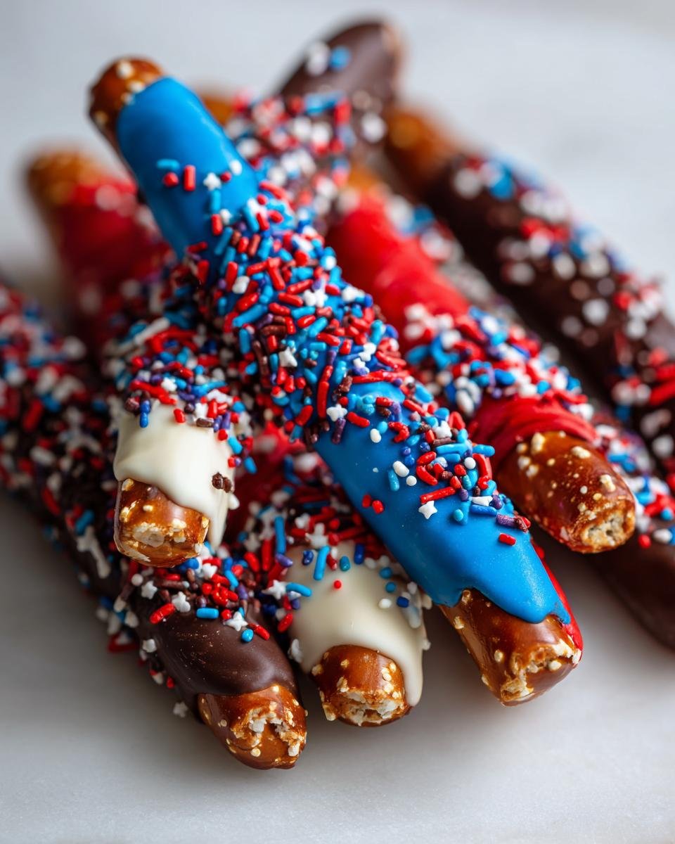 Nahaufnahme von Fourth Of July Chocolate Pretzel Rods mit roter, wei&szlig;er und blauer Glasur und Streuseln.