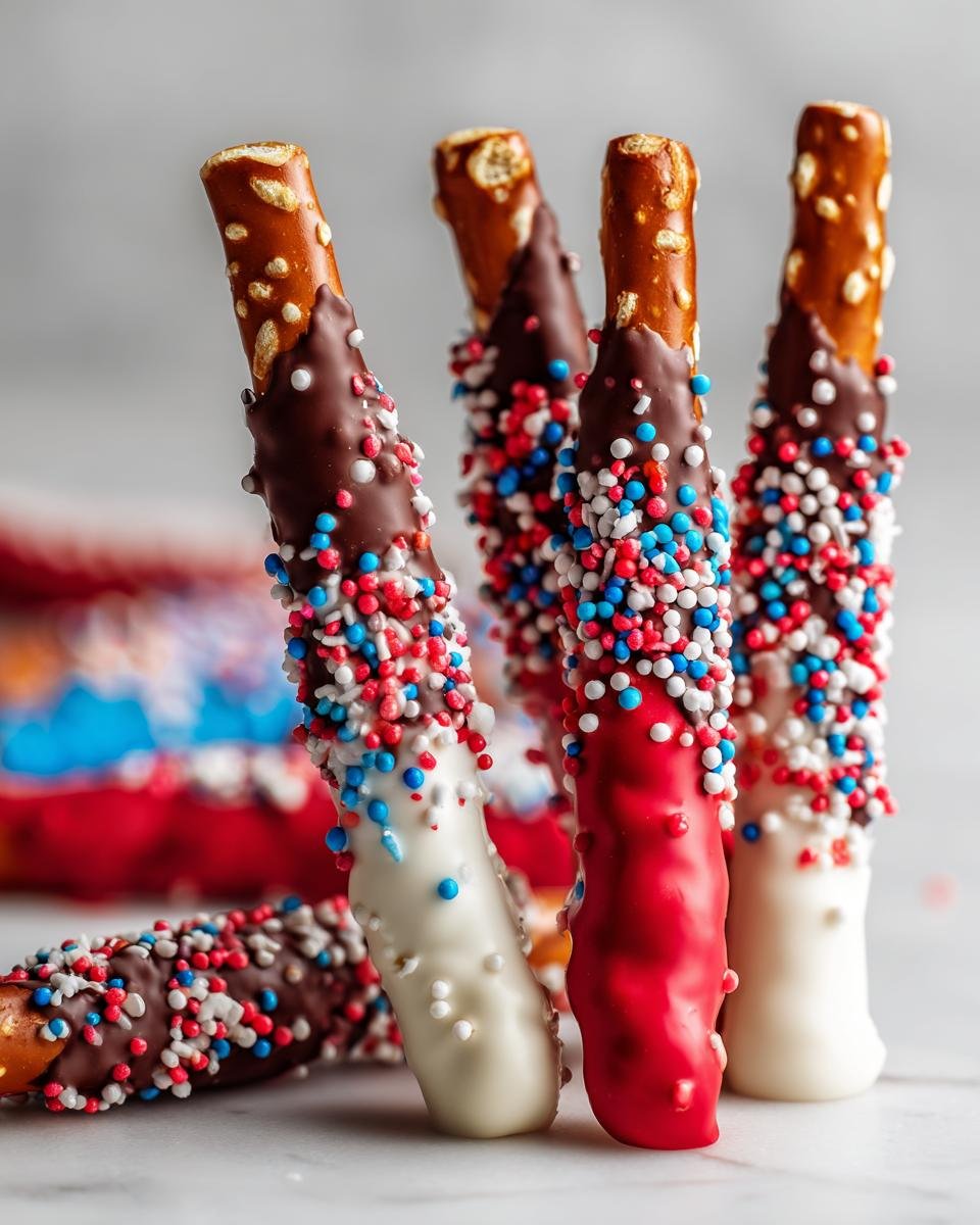 Nahaufnahme von Fourth Of July Chocolate Pretzel Rods, verziert mit roten, wei&szlig;en und blauen Streuseln.