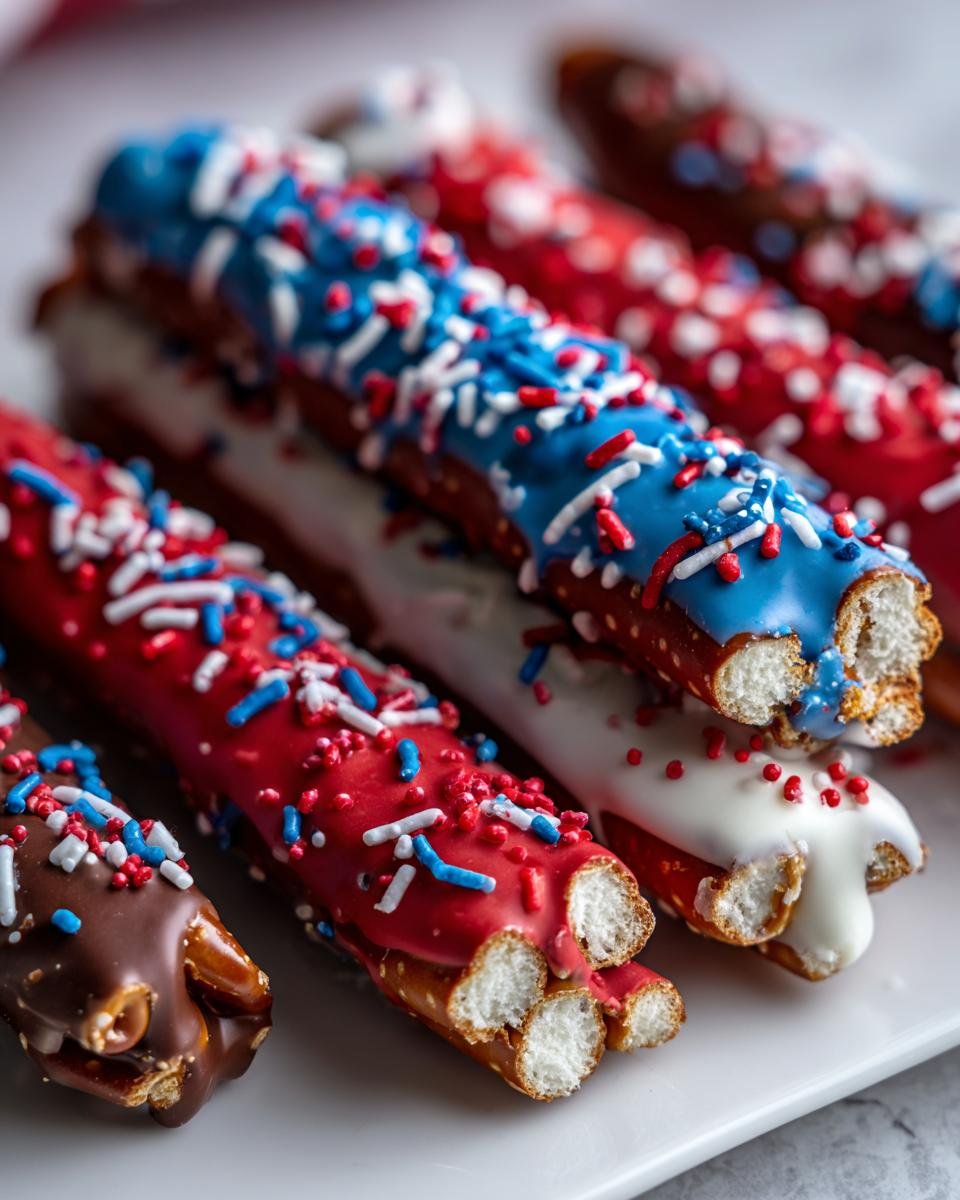 Nahaufnahme von Fourth Of July Chocolate Pretzel Rods mit roten, wei&szlig;en und blauen Streuseln auf einer wei&szlig;en Platte.