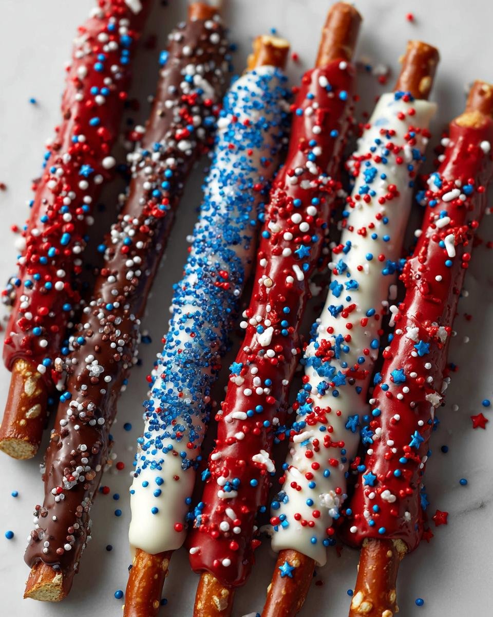 Nahaufnahme von Fourth Of July Chocolate Pretzel Rods, verziert mit roten, wei&szlig;en und blauen Streuseln.