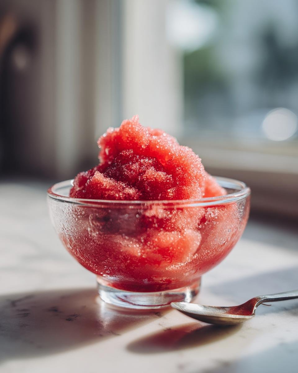 Sch&uuml;ssel mit erfrischendem Fresh Cherry Sorbet f&uuml;r den Sommer, daneben ein L&ouml;ffel.