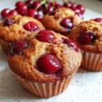 Nahaufnahme von saftigen, frischen Kirschmuffins, die mit Kirschen belegt sind.