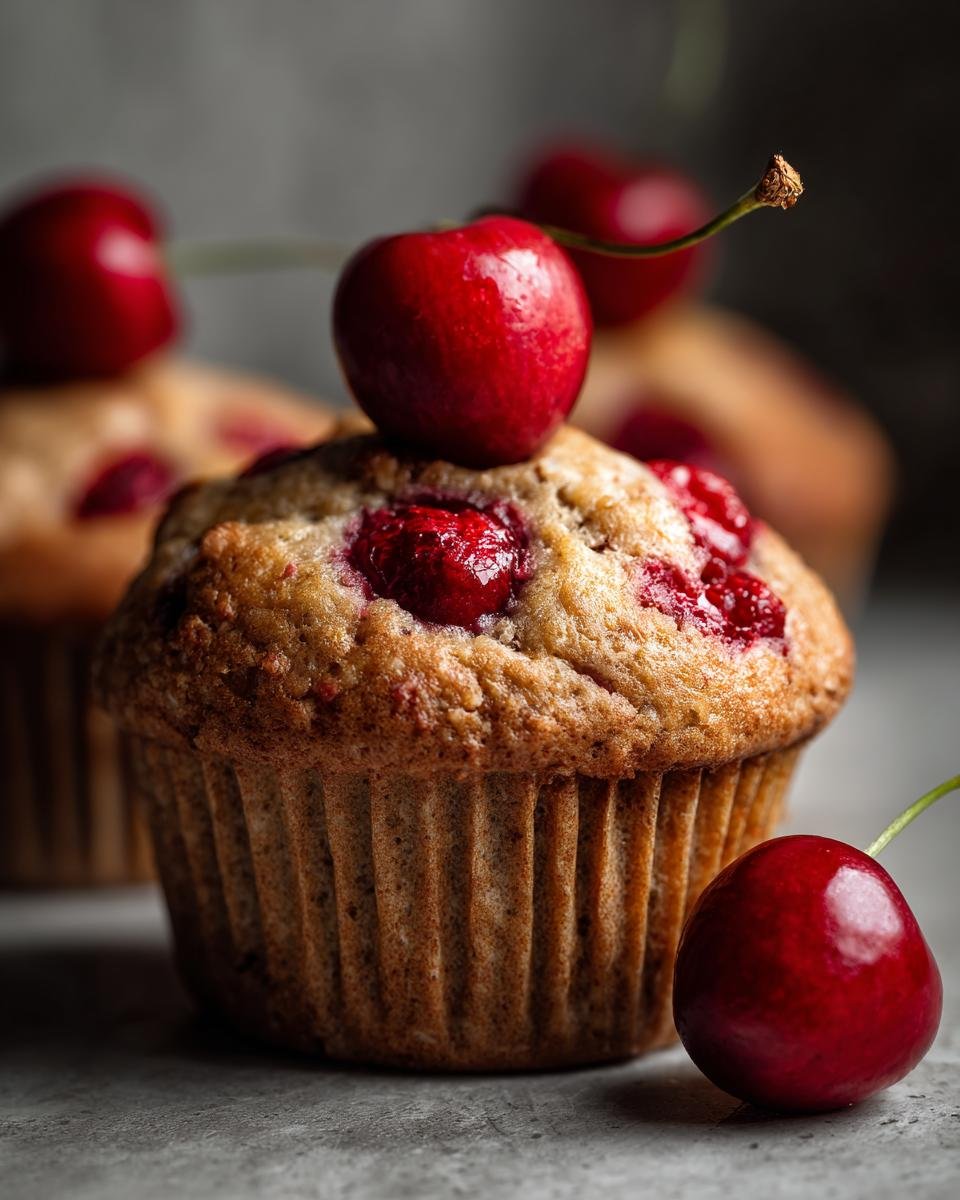 Nahaufnahme von frischen Kirschmuffins, dekoriert mit ganzen Kirschen und Kirschst&uuml;cken im Teig.