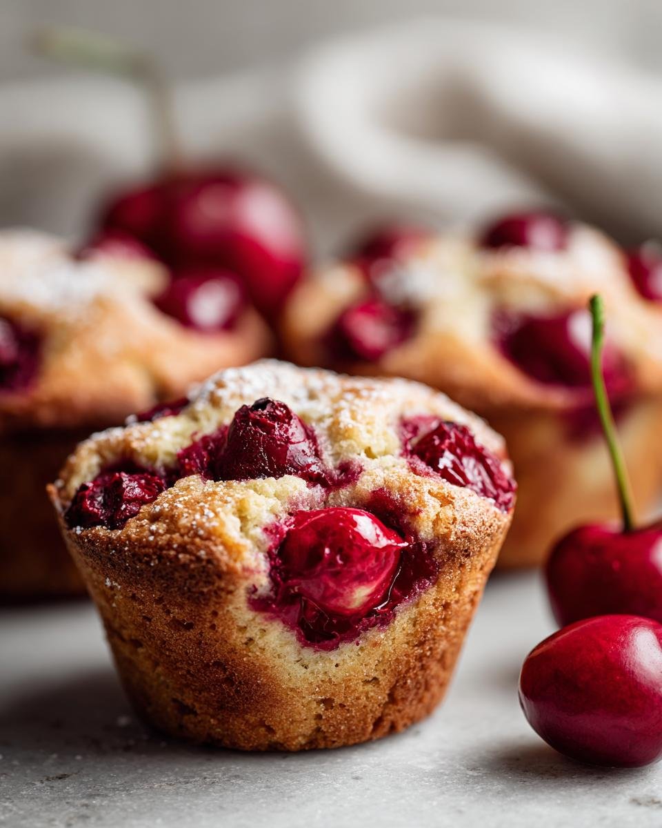 Nahaufnahme von frischen Kirschmuffins, best&auml;ubt mit Puderzucker, mit ganzen Kirschen.
