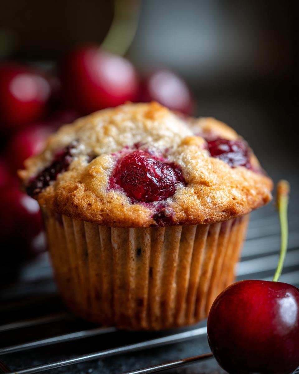 Nahaufnahme eines frischen Kirschmuffins mit saftigen Kirschen, perfekt f&uuml;r einfache Kirschmuffins.