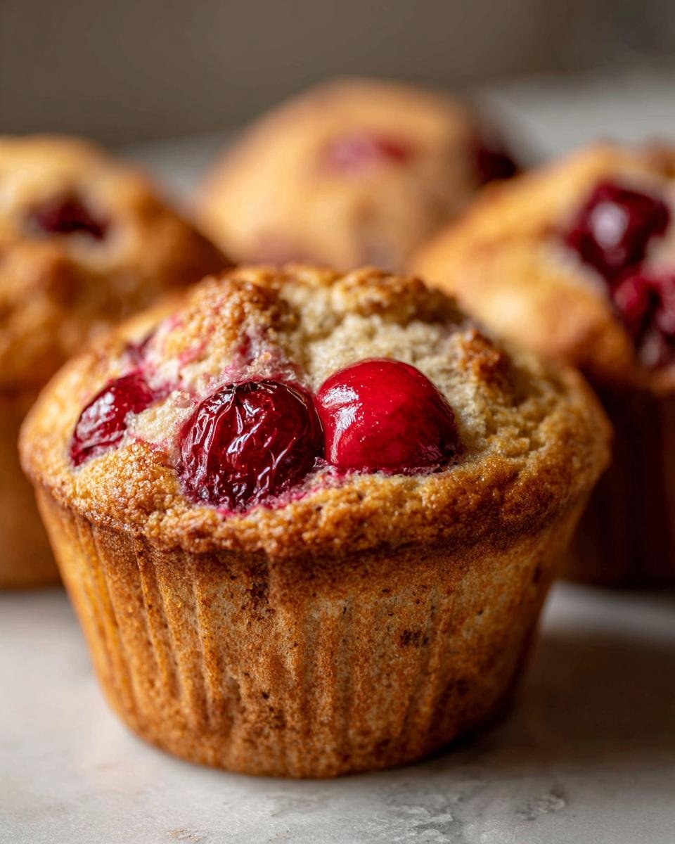 Nahaufnahme von saftigen Kirschmuffins, die mit frischen Kirschen garniert sind.