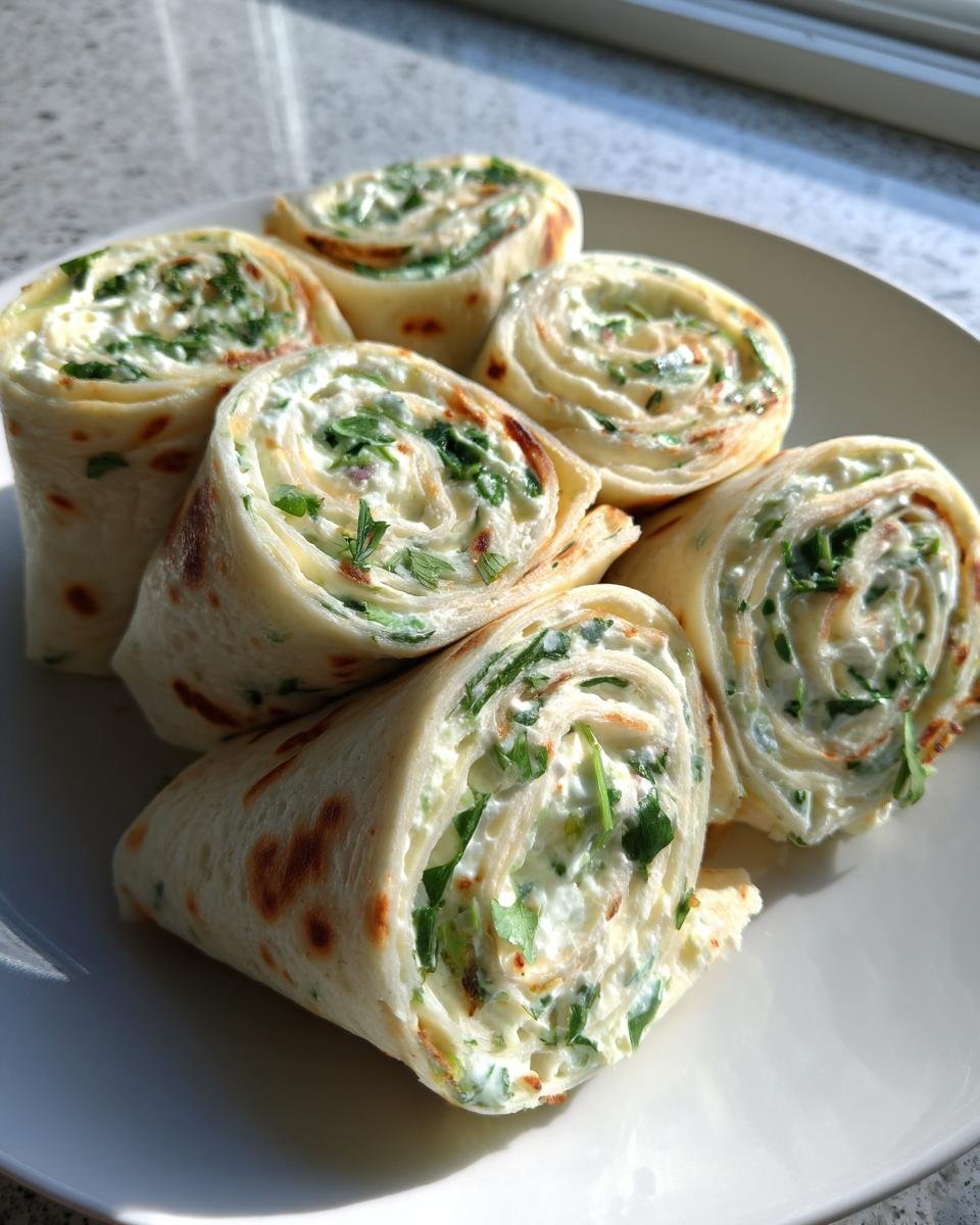 Nahaufnahme von mehreren cremigen Pinwheel Sandwiches gef&uuml;llt mit Frischk&auml;se und frischen Kr&auml;utern auf einem wei&szlig;en Teller.