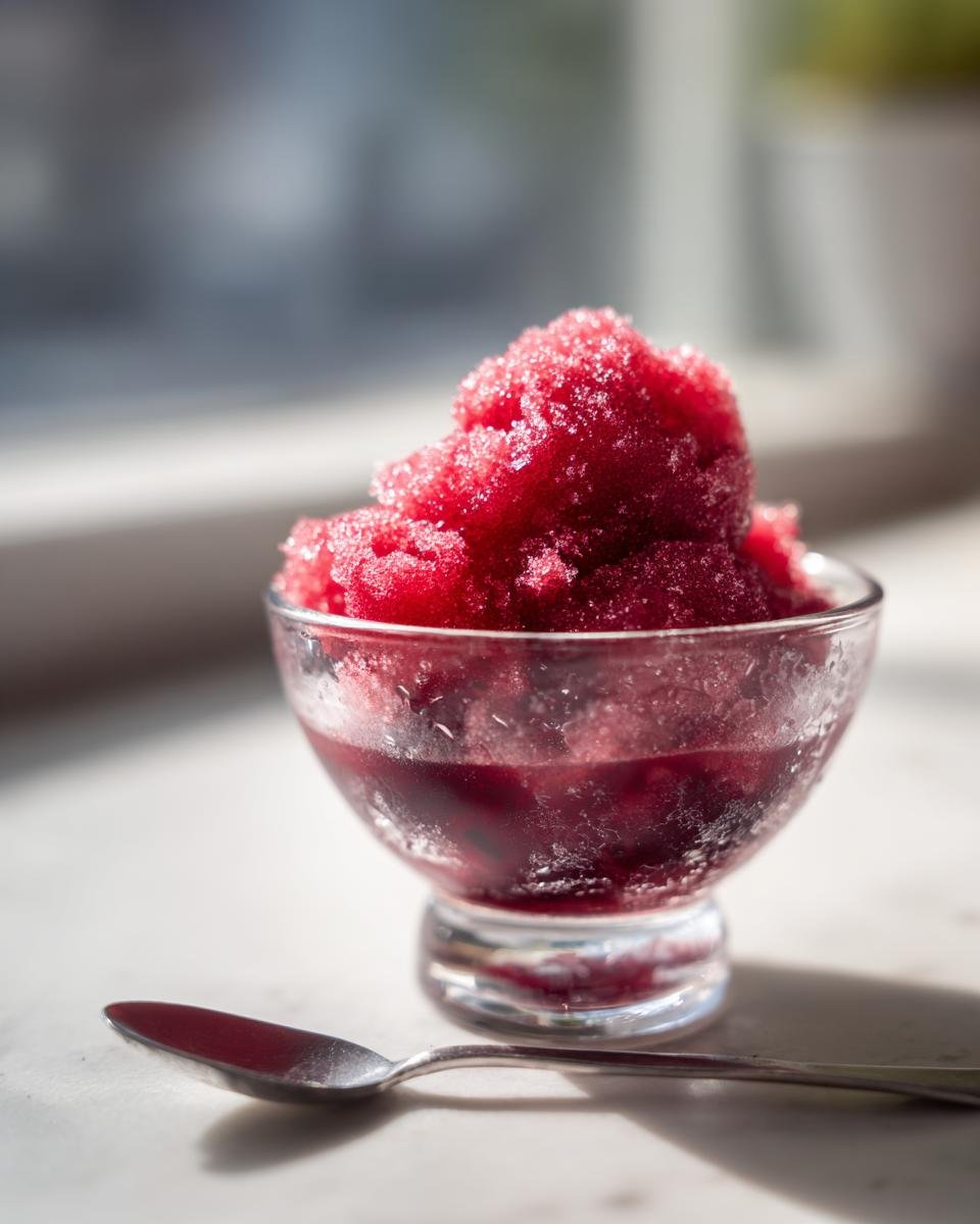 Ein Glas mit erfrischendem Kirschsorbet, daneben ein L&ouml;ffel, im Sonnenlicht.