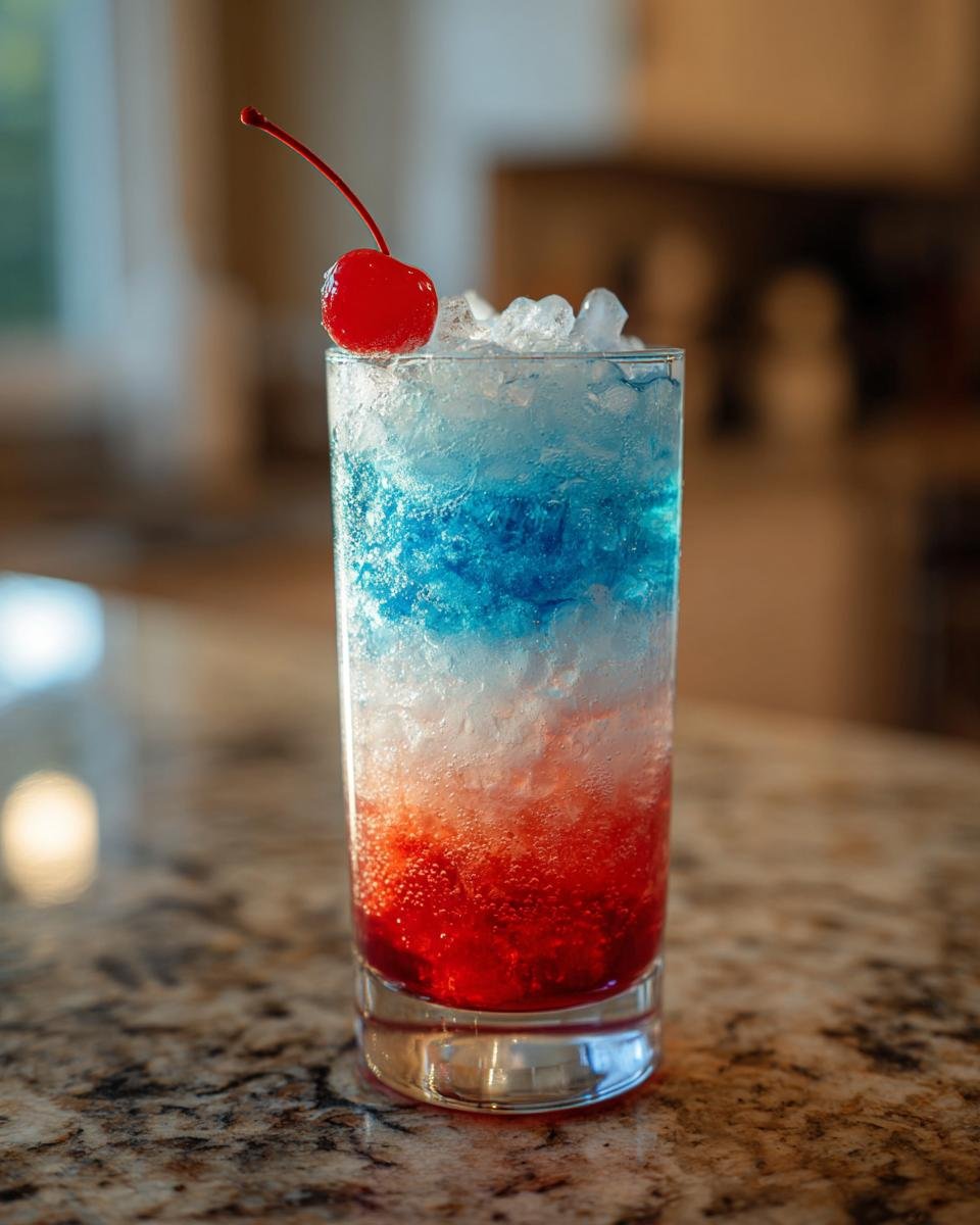 Ein erfrischendes Frozen Bomb Pop Cocktail Rezept in einem Glas mit zersto&szlig;enem Eis und einer Kirsche.