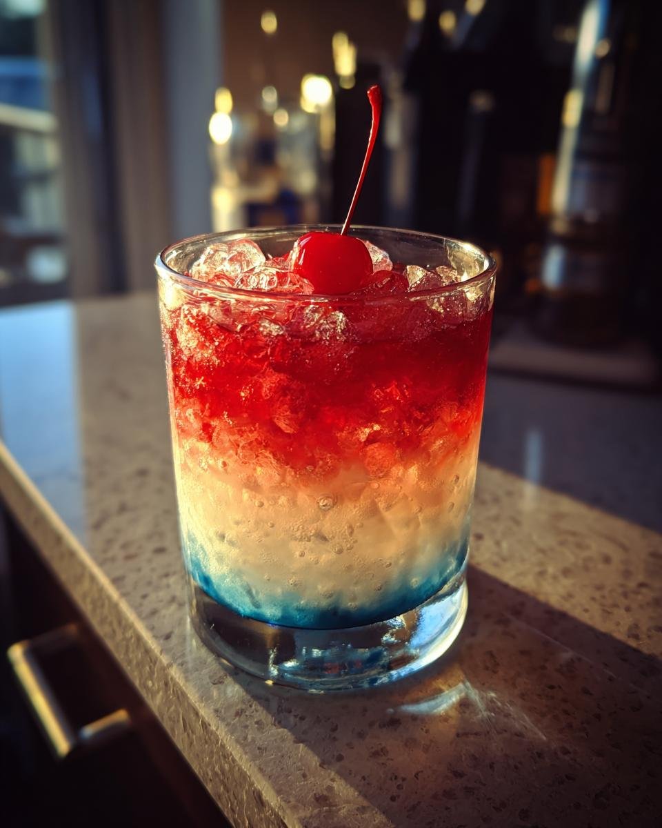Ein erfrischender Frozen Bomb Pop Cocktail mit roten, wei&szlig;en und blauen Schichten, garniert mit einer Kirsche.
