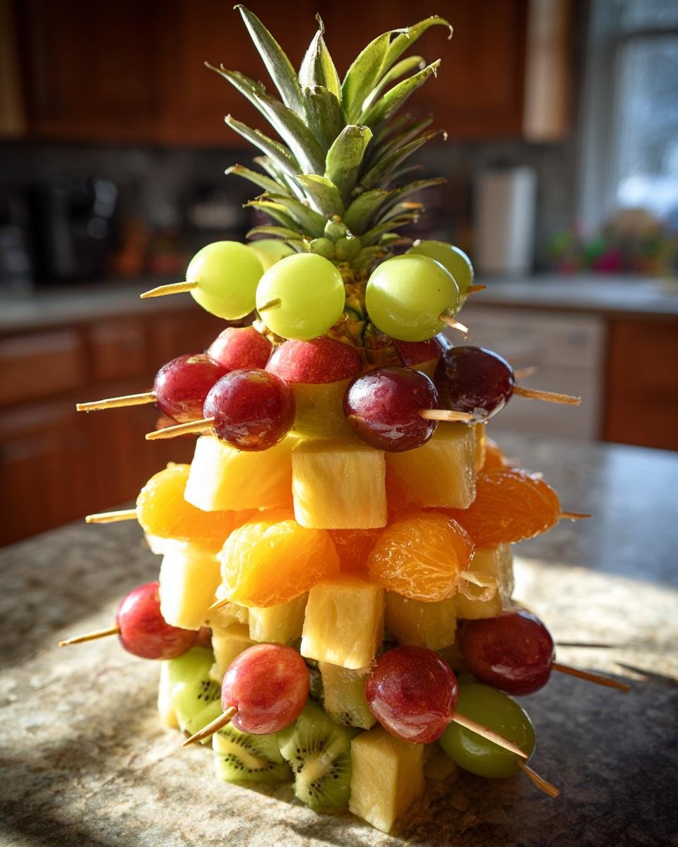 Ein gestapelter Fruit Christmas Tree aus Ananas, Trauben, Orangenstücken und Kiwis auf einem Küchentresen.