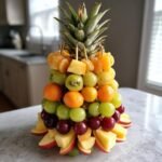 Ein selbstgemachter Fruit Christmas Tree aus Ananas, Kiwi, Mandarinen, Trauben und Apfelscheiben auf einem Tisch.