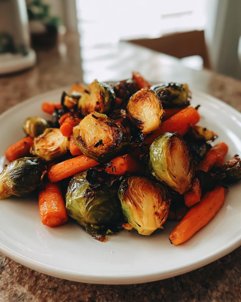 Nahaufnahme von gebratenen Rosenkohl und Karotten auf einem wei&szlig;en Teller, leicht karamellisiert.