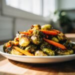 Nahaufnahme von gebratenem Rosenkohl und Karotten auf einem wei&szlig;en Teller, perfekt karamellisiert.