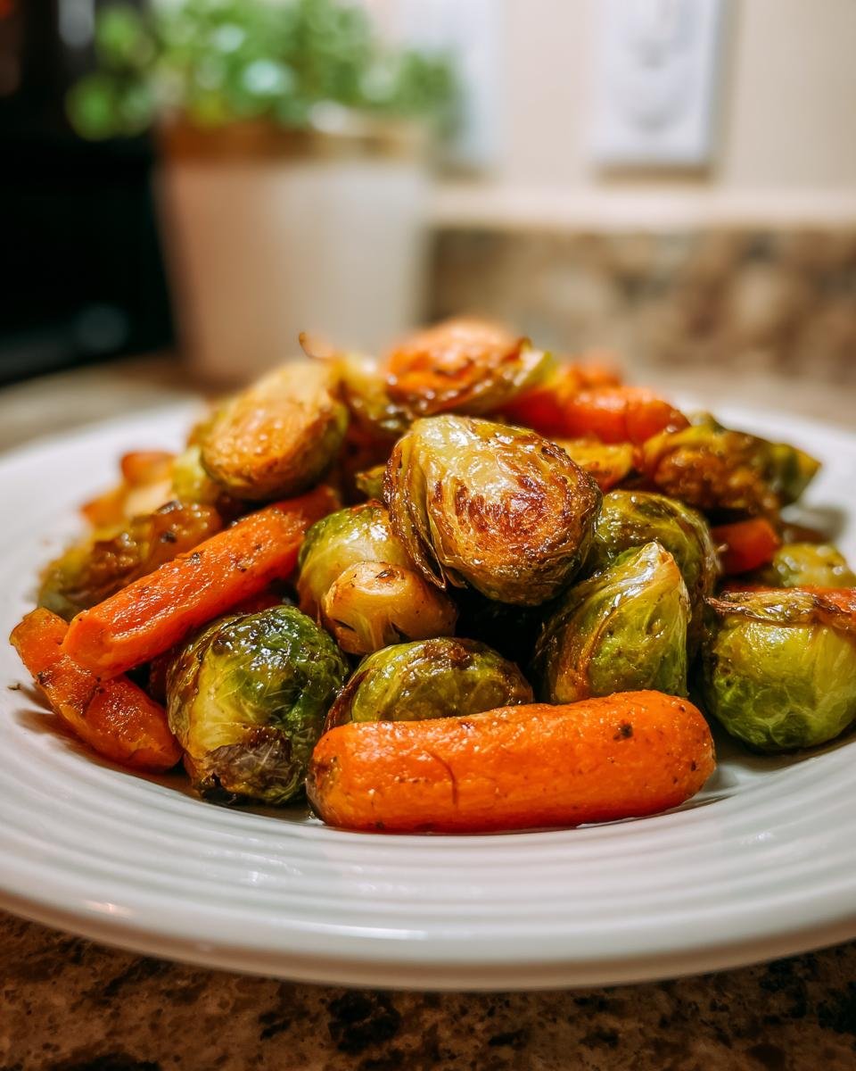 Nahaufnahme von gebratenen Rosenkohl und Karotten auf einem wei&szlig;en Teller, perfekt f&uuml;r das Rezept.