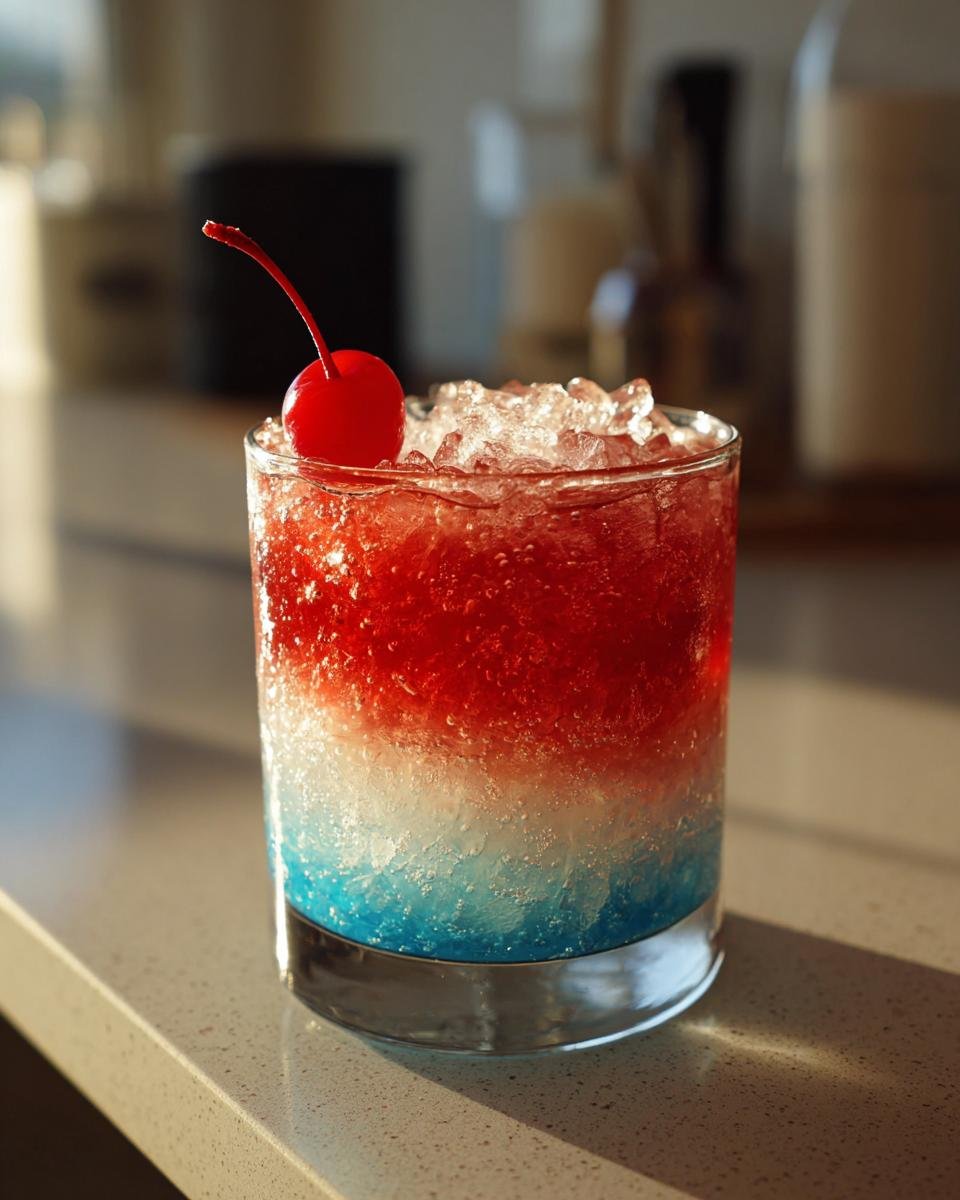 Ein gefrorener Bomb Pop Cocktail mit roten, wei&szlig;en und blauen Schichten, garniert mit einer Kirsche.