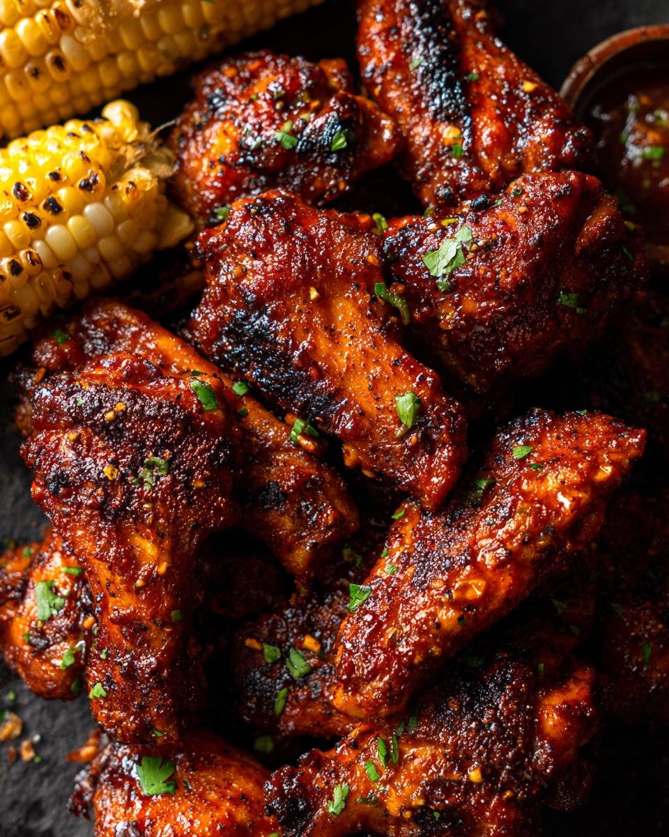 Nahaufnahme von saftigen, gegrillten H&auml;hnchenfl&uuml;geln mit Gew&uuml;rzen und Maiskolben, perfekt f&uuml;r 4. Juli Rezepte.