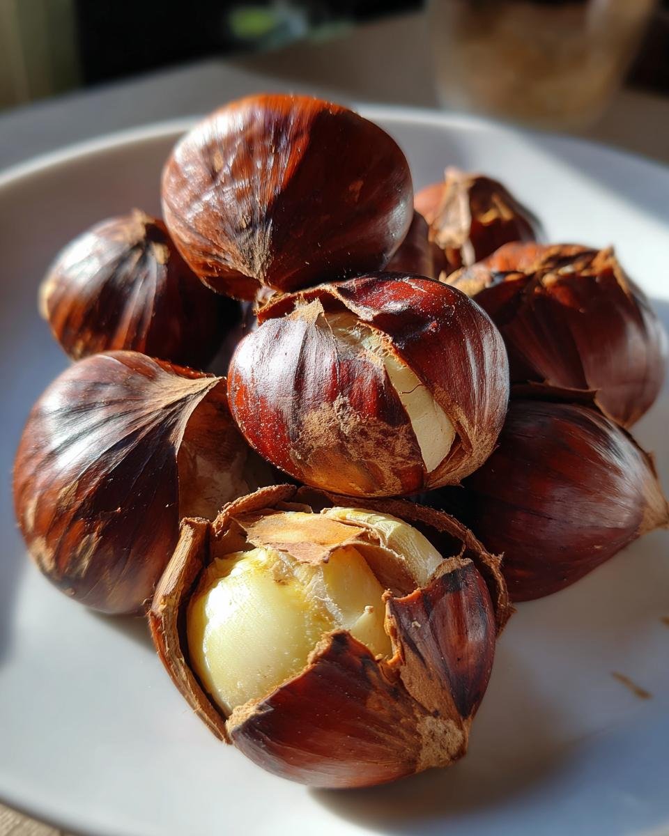 Nahaufnahme von mehreren ger&ouml;steten Esskastanien, einige davon aufgebrochen, die das weiche, gelbliche Innere zeigen.