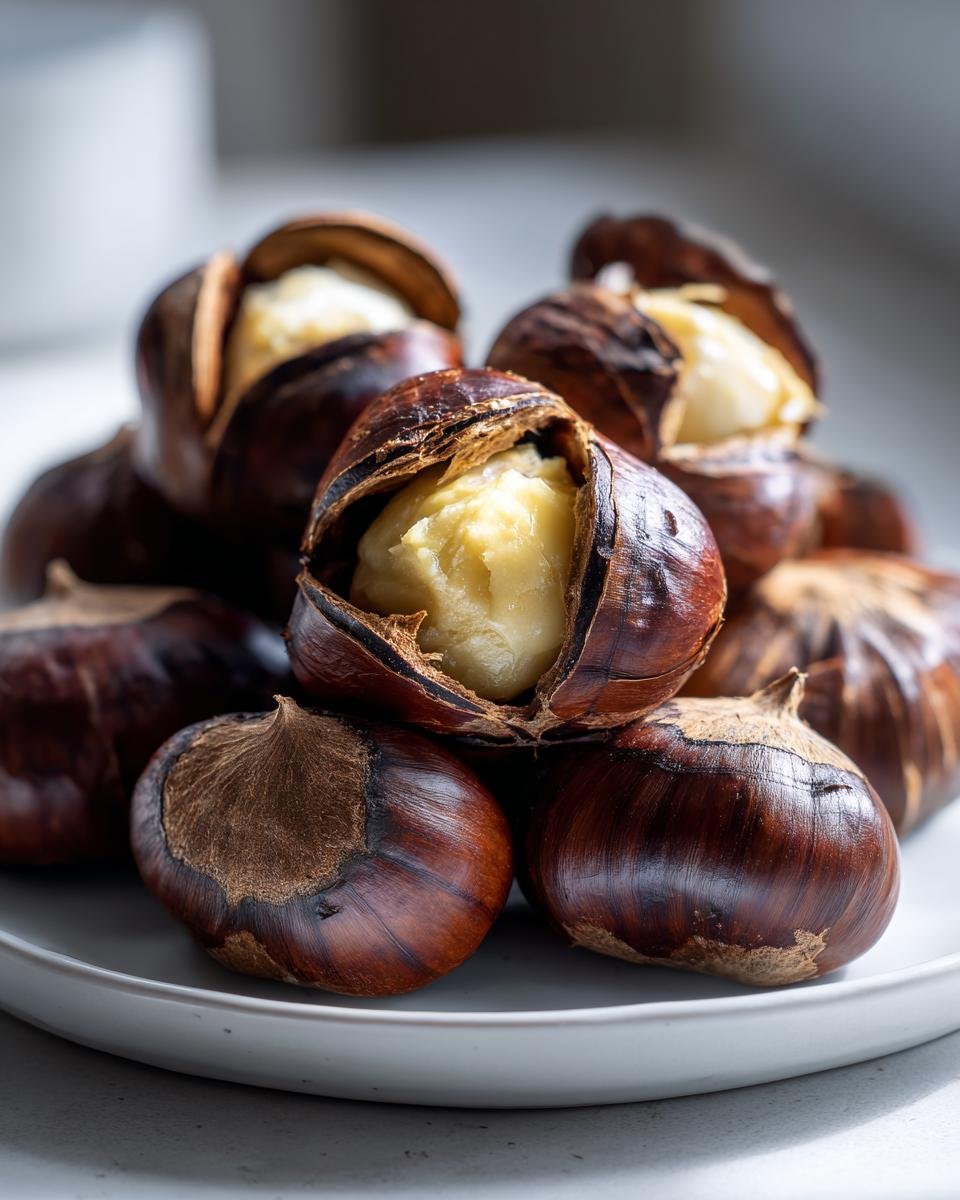 Nahaufnahme von perfekt ger&ouml;steten Kastanien, bei denen die Schale aufgeplatzt ist und das weiche Innere der ger&ouml;steten Kastanien sichtbar wird.