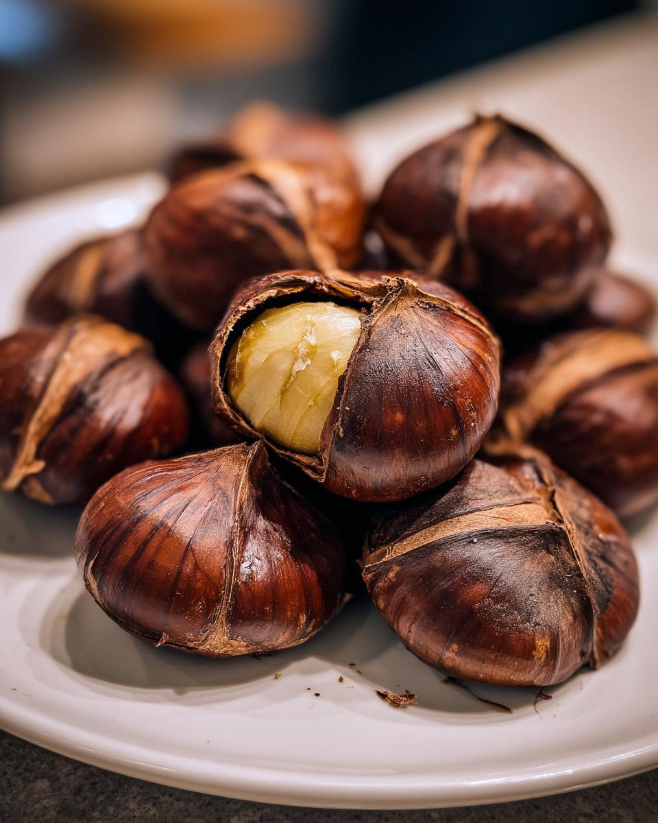 Nahaufnahme von perfekt ger&ouml;steten Kastanien auf einem Teller, eine davon ist aufgesprungen und zeigt das weiche Innere.
