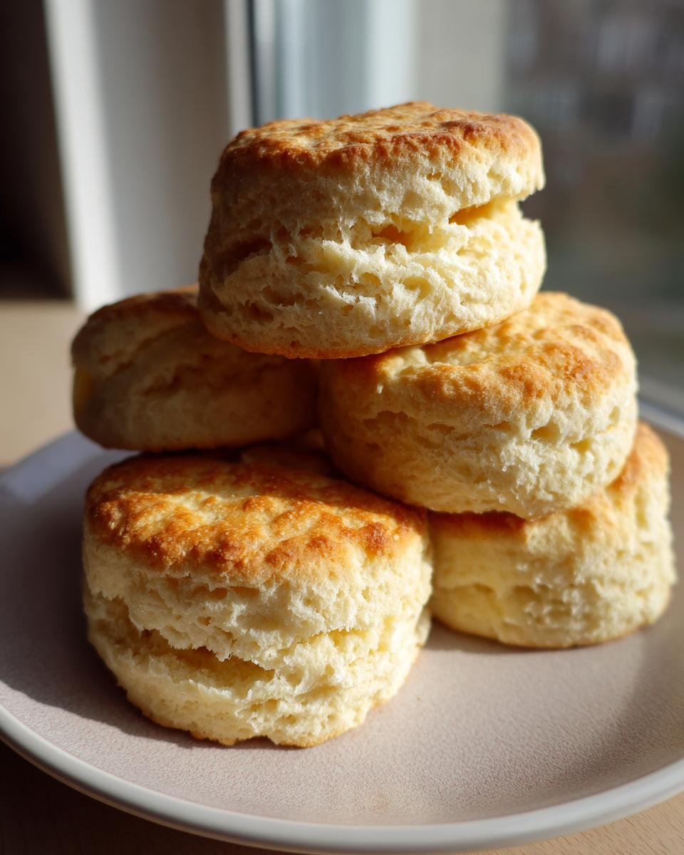 F&uuml;nf fluffige Drop Scones stapeln sich auf einem Teller, mit goldbraun gebackenen Oberseiten.