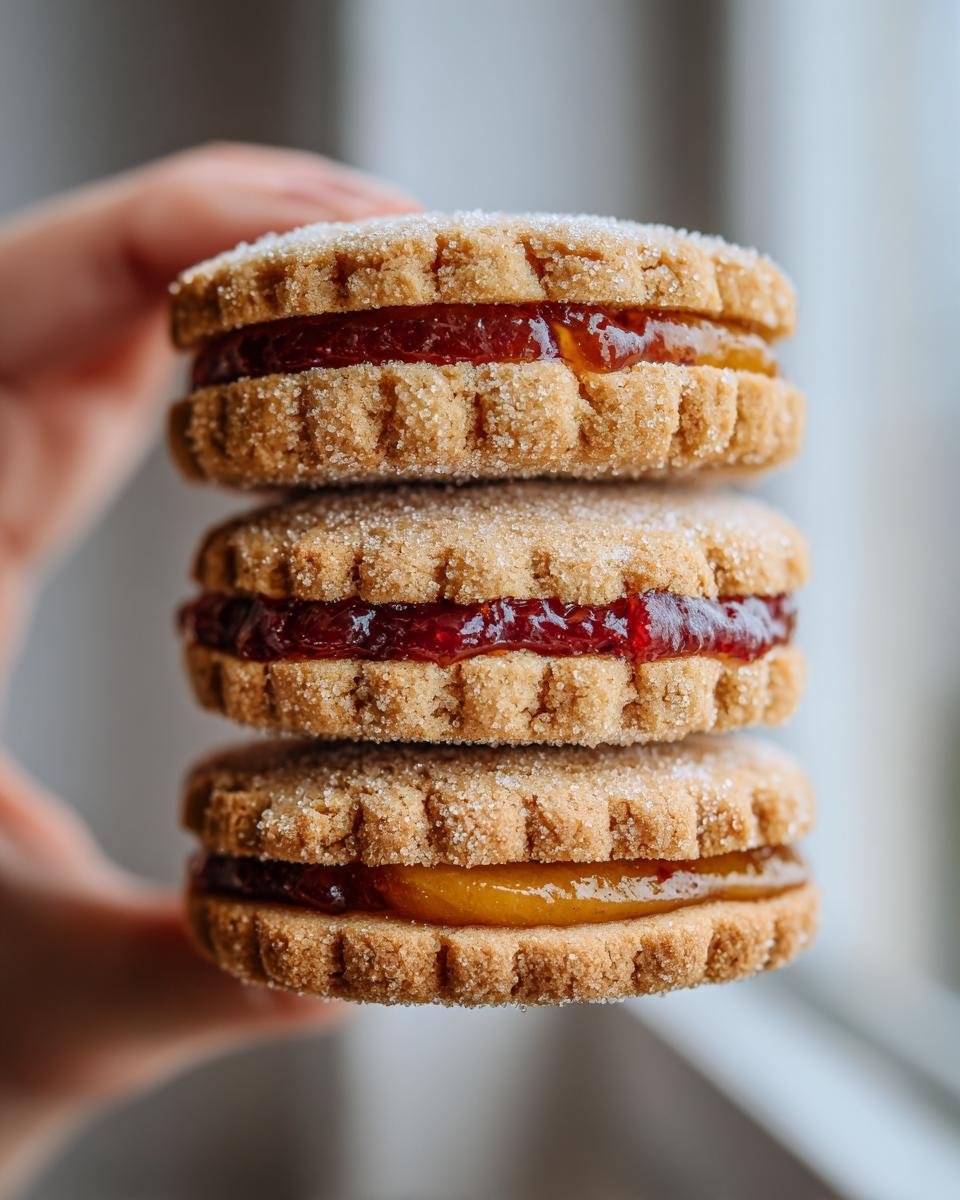 Drei gestapelte Peach Cookies, bestreut mit Zucker und gefüllt mit roter und gelber Marmelade.