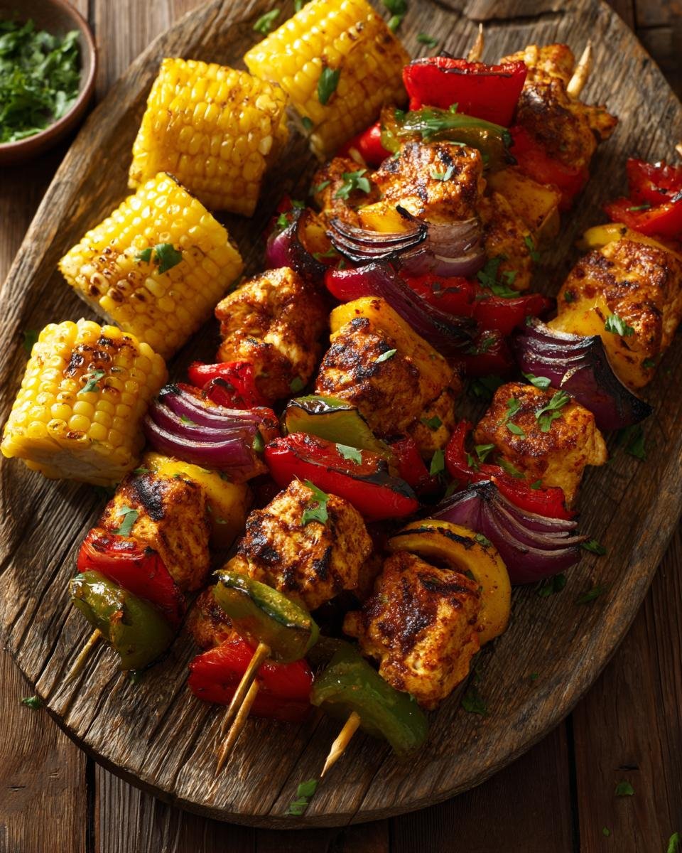 Gegrillte Hähnchenspieße mit Maiskolben, Paprika und Zwiebeln, Teil der 10 gesunden Rezepte für den 4. Juli.