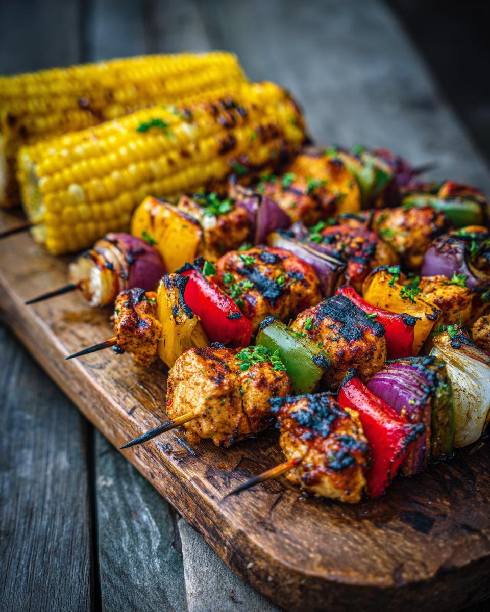 Gegrillte Hähnchenspieße mit Paprika, Zwiebeln und Maiskolben, perfekt für gesunde Rezepte zum 4. Juli.