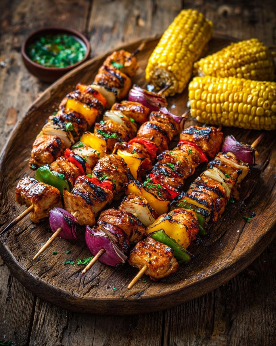 Gesunde Hähnchenspieße mit Paprika, Zwiebeln und Maiskolben, perfekt für den 4. Juli.